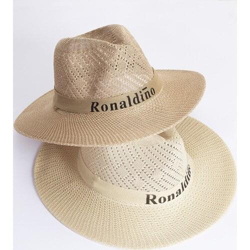Men Summer Letter Travel Wide Brim Sunscreen Straw Knit Sun Hat Polyester Imitation Raffia Breathable Western Cowboy Cap R65