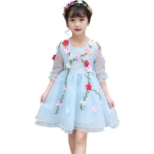 2021 New Summer Kids Girl Party Birthday Wedding Princess Dress Teenager Girl Flower Mesh Dress Baby Girl Petal Sleeve Dress H01