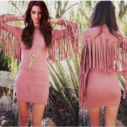 New Fashion Women A line dress Sexy Bodycon Stretch pencil dress Autumn Style Tassels Long Sleeve Party Mini Short Dress JQ1166