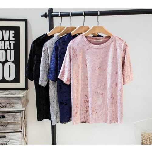 New arrival women velvet t shirt summer short sleeve diamond velvet top womens loose velour tee shirt femme camisetas mujer