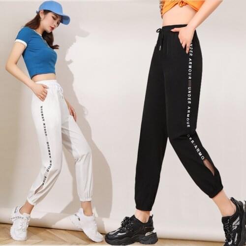 New Womens Sports pants Summer Thin Casual pants Female Elastic Waist Ice Silk Nine points Trousers Women All-match Loose pants