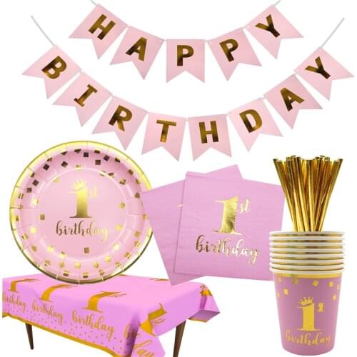 Girl Boy 1st Birthday party Disposable Tableware Napkins Plate Cup Banner Straw One Year old Birthday Party Decoration