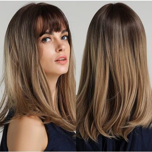 Middle Long Ombre Dark Black Brown Blonde Synthetic Wigs with Bangs Silky Straight Wigs for Women Cosplay Daily Heat Resistant