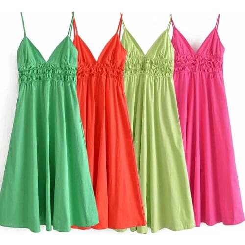 TRAF Summer Dress Za 2021 Green Slip Long Dress Women Strap Backless Midi Summer Woman Dresses Strap Ruched Casual Dresses