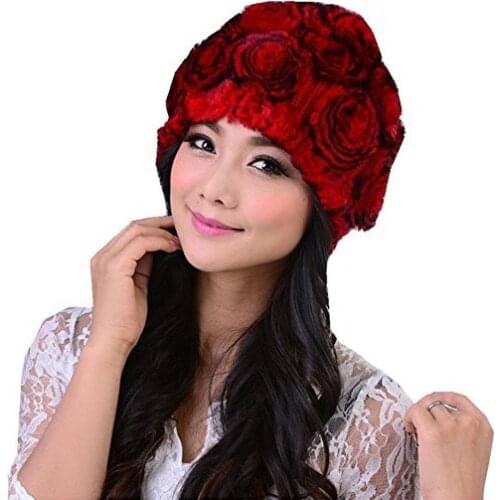 Womens Hat Winter Real Rabbit Fur Hats floral solid skulls beanies hand knitting female snow capshat for girl