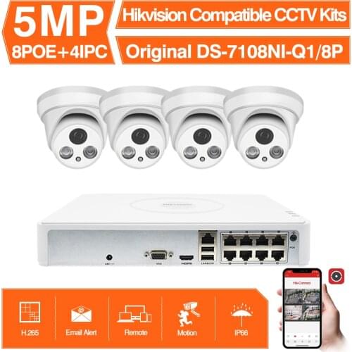 Hikvision Compatible Kits 4PCS 5MP POE IP Camera ColorVu & Hikvision 8CH POE NVR DS-7108NI-Q1/8P DIY Video Security CCTV System