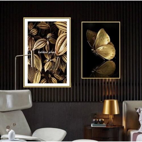 Modern Abstract Art Poster Golden Butterfly Leaves pineapple Canvas Painting On The Wall Black and Gold Wall Posters And Prints