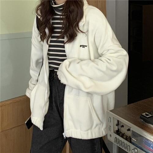 Women Plus Fleece Hoodies Autumn Streetwear Zip-up Oversize Sweatshirt Jacket Y2K Solid Pocket Turn-down Collar Women Outwear