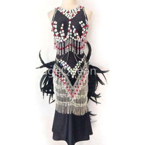 High-end Feathers Sparkly Rhinestones Beads Tassels Women Latin Dance Dress Design Dance Ballroom Dancing Competition Dresses