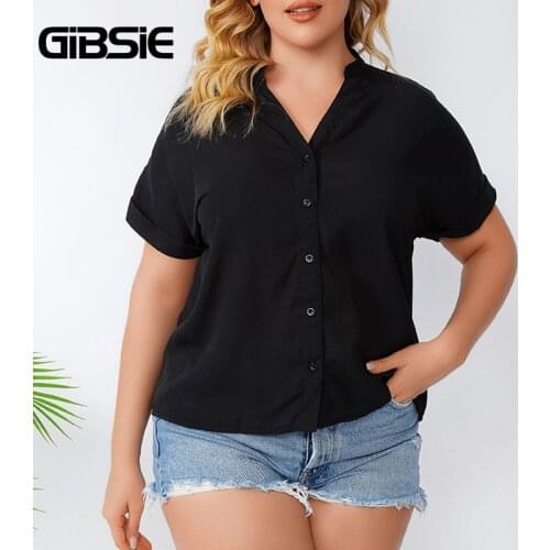 GIBSIE Plus Size Notched Neck Short Sleeve Shirt Women Summer Fashion Korean Tops 4xl Office Lady Black White Button Up Shirts