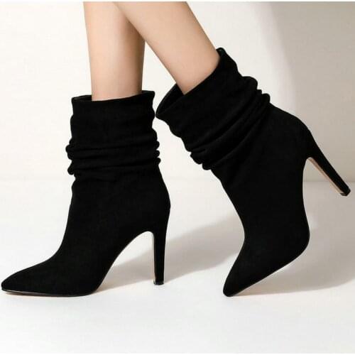 2021 Autumn Winter Women Ankle Boots Faux Suede Ladies Thin High Heel Boots Fashion Pleated Pointed Toe Womans Boots Big Size