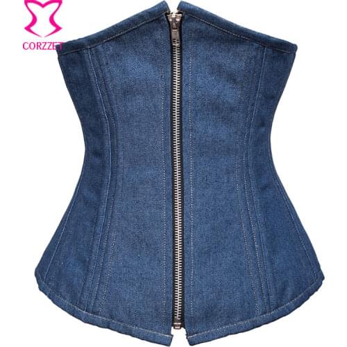 Blue Denim Gothic Korsett For Women Corselet Underbust Waist Trainer Corsets Zipper Waist Trainer Corset With 24 Steel Boning