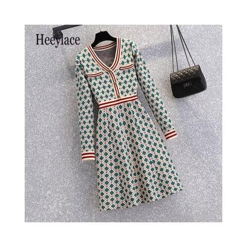 Plus Size 4XL Women Autumn Winter Vintage Plaid Knitted Sweater Dresses 2021 V Neck Striped Patchwork Knitwear Mini Short Dress