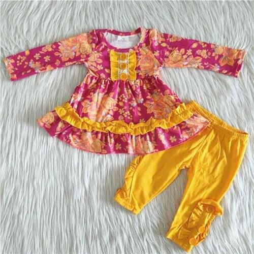 Baby girls 2 pieces children clothes burgundy floral outfits ruffles decoration with matching romper