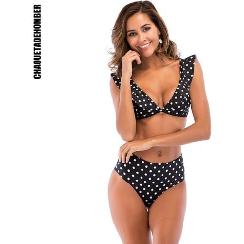 2021 Sexy Wave point High Waist Bikinis Swimsuits Women Ruffled Deep V Swimwear Beachwear Sports Ribbed Bathing Suits Swimwear