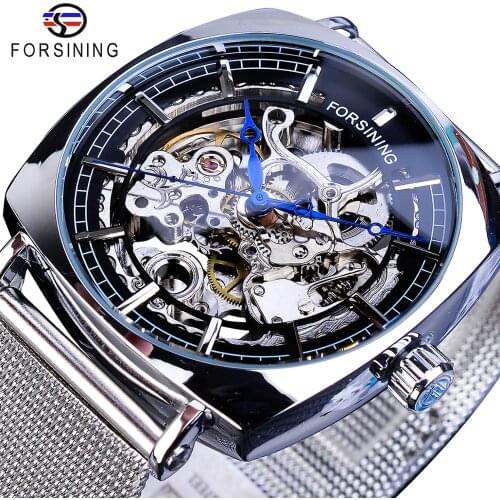 Forsining New Fashion Mechanical Watch For Men Square Automatic Skeleton Analog Silver Slim Mesh Steel Band Watch Relojes Hombre