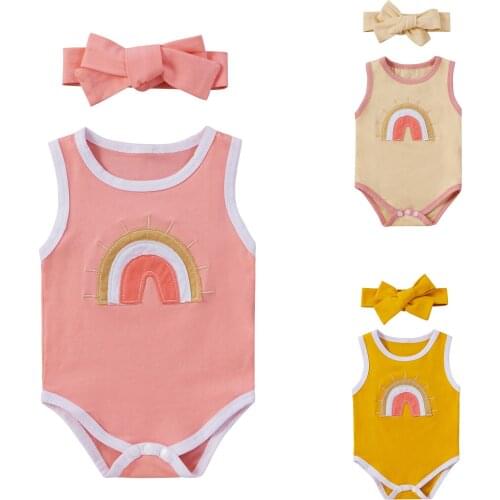 FOCUSNORM Summer Cute Baby Girls Boys Bodysuits Headband Rainbow Print Sleeveless Strap Jumpsuits 2pcs