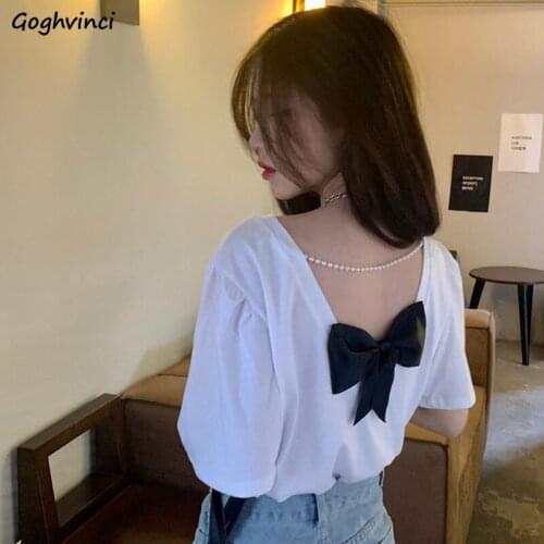 T-Shirts Women Bow O-Neck Loose Streetwear Sexy Solid Korean Style Female Tops Casual Ladies Clothing All-match Soft Lovely Chic