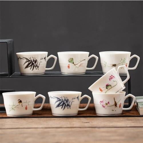 Ceramic Hand Painted Coffee Milk Mug with Handle Creative Household White Porcelain Small Teacups Office Kung Fu Water Cups