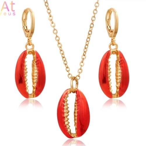 Orange Red Lucite Shell Jewelry Set Women Boho Fashion Gold Link Chain Metal Shell Pendant Necklace Conch Hoop Drop Earrings