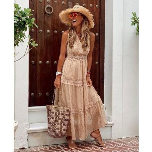Summer women fashion slim chiffon fabric v neck polka dot print lace patchwork sleeveless casual dress