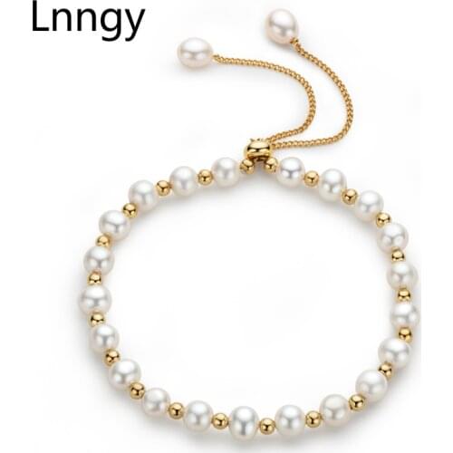 Lnngy 14K Gold Filled Pearl Bracelet Natural Culture Freshwater 5-6mm Oval Pearl Chain Bracelet Women Wedding Charm Jewelry Gift
