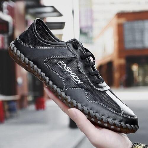 Mens Casual Shoes Comfortable Fashion Sports Shoes Breathable Running Shoes Big Size Mesh Split Leather Loafers Flat Shoes