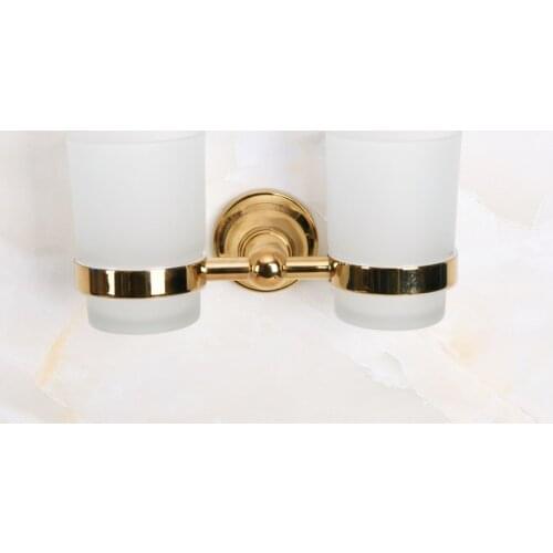 Luxury Polished Gold Color Brass Wall Mounted Double Tumbler Holder Frosted glass cup Toothbrush Cup Bathroom Accessory aba884