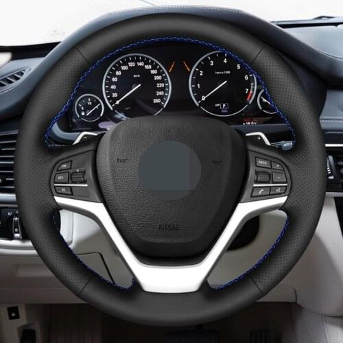 Hand-Sewing Black Genuine Leather Car Steering Wheel Cover For BMW X5 F15 X6 F16 2013 - 2019