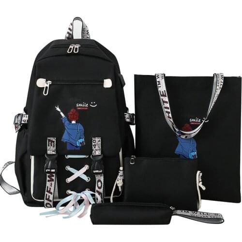 4piece set High School backpack Bags for Teenage Girl2021 Canvas Travel Backpack Women Bookbags USB Student School bags for kids