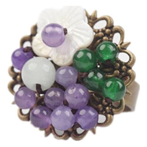 FYJS Unique Copper Wire Wrap Small Round Stone Beads Flower White Shell Resizable Finger Ring Antique Jewelry