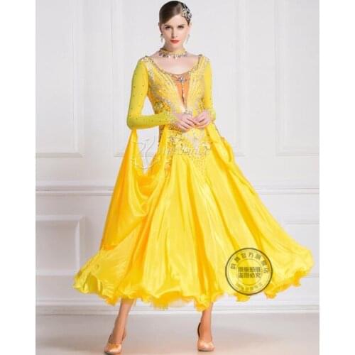 Customize yellow waltz ballroom dress woman ballroom dresses dance ballroom dress competition American smooth dress B-18416