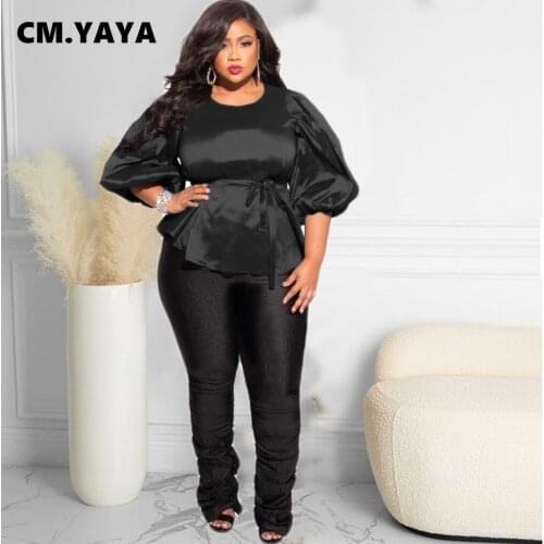 CM.YAYA Women Plus Size T-shirts Solid Puff Half Sleeve O-neck Loose Bandage Sashes Maxi Tops Fashion Office Lady Clothes Summer