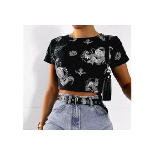 2021 New Womens Vintage T-Shirt Summer Short Sleeve Crewneck Dragon Comfortable Print Slim Fit Crop Tops