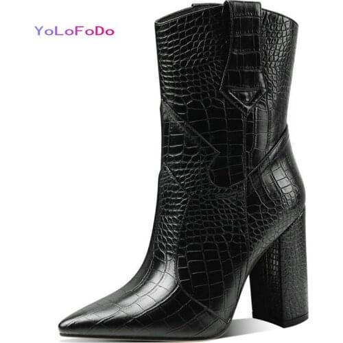 2021 Autumn Winter Women Ankle Boots Faux Leather Square High Heel Womens Short Boots Fashion Pointed Toe Slip on Womens Boots