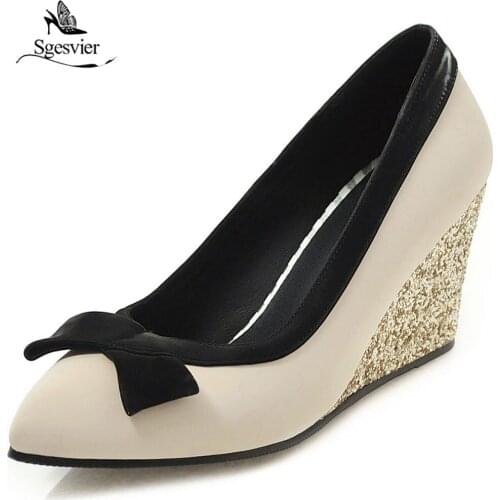 SGESVIER Lady Wedges Black Big Size Slip on High Heel Shoes Summer Spring Female Casual Wedge Heels 2019 Pumps Women G286