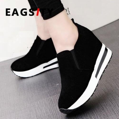 EAGSITY Suede height increasing Women Wedges shoes pumps pointed toe slip on sneaker ladies casual shoes party office career