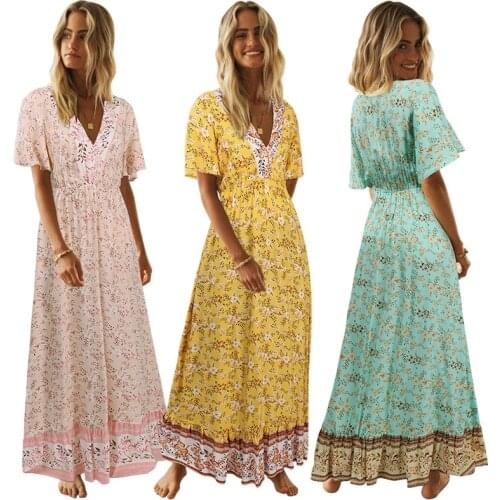 Womens Short-sleeved V-neck Boho Floral Dress 2021 Summer Sundress Female Beach Party Holiday Maxi Long Dress Casual Vestidos