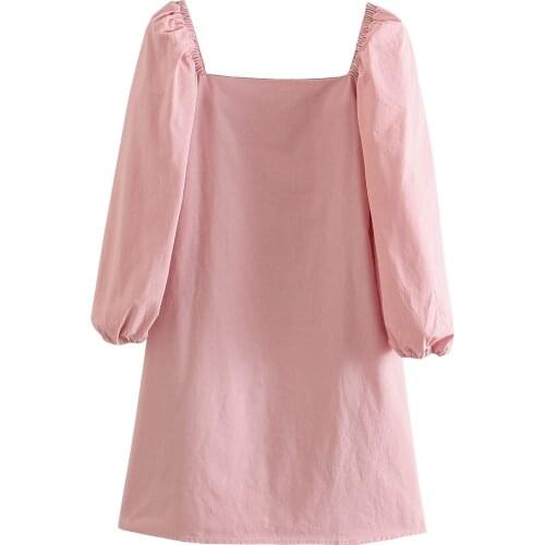 European and American Womens 2021 Summer New Pink Square Neck Back Zipper Bubble Sleeve Dress DLQZ774