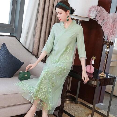 2021 spring and summer womens new national style retro V-neck loose waist Zen dress tea dress large size Chinese dress 6816