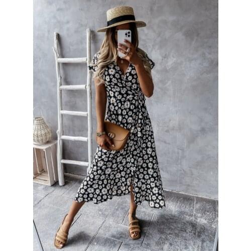Flower Printed Bohemian Holiday Dress V Neck Short Sleeve Womens Sweet Midi Dresses Fashion Summer Ladies Vestidos 2021 New