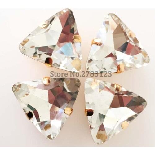 Free shipping Gold bottom Triangle white high quality glass sew on rhinestones,diy Clothing accessories 20pcs/bag SWSJ001