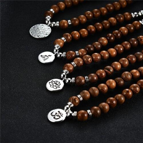 108 Wooden Beads Buddhism OM Lotus Flower of Life Necklace for Women Men Rosary Necklaces Bracelets Vintage Prayering Jewelry