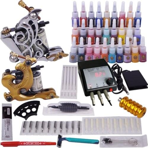 2 gun tattoo kit cosmetic makeup permanent tattoo machine power grip supply needles tip set