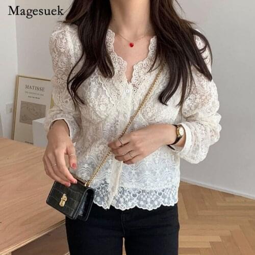 2021 Spring Lace Crochet Floral Shirt Korean Lace Blouse Women New V-neck Thin Long Sleeve Top Women Blusas Mujer Clothes 14683