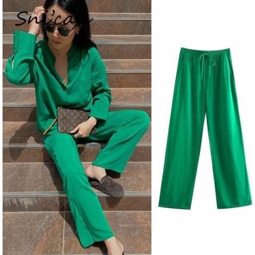 Green Oversize Casual Pants Za Woman 2021 Female Summer Elastic Draw String Satin Trousers With Pockets Pantalones Mujer Bottom