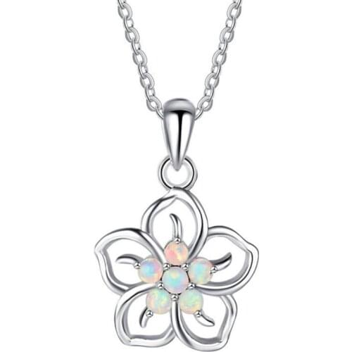 FYJS Unique Silver Plated Flower of Life Hollow Pendant 3 Colors Opalite Opal Necklace Link Chain Jewelry