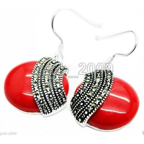 Hot Sell Fashion 925 Sterling Silver 18*18mm Red Coral Coin Marcasite Earrings