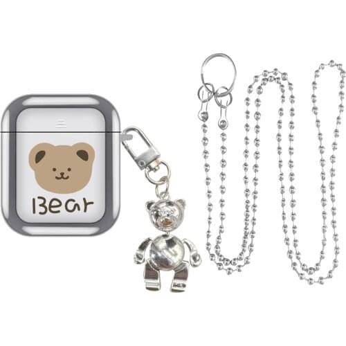 Ins Lanyard Necklace Chain Earphones Case for AirPods 1 2 3 Cartoon Bear Earphone Cover Soft Plating Headset Case AirPods Pro