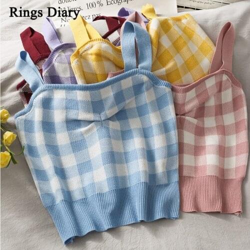 Rings Diary Summer Camis Women Cute Plaid Tank Crop Top Corset Knitted Female Cottagecore Stretchy Camisole Soft Girls Bustier